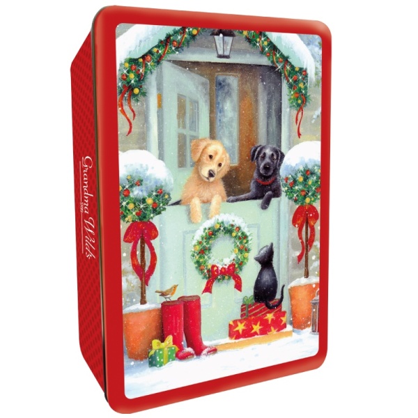 Embossed Puppies At The Gate Gift Tin Assorted Biscuits Grandmas Wild's 300g